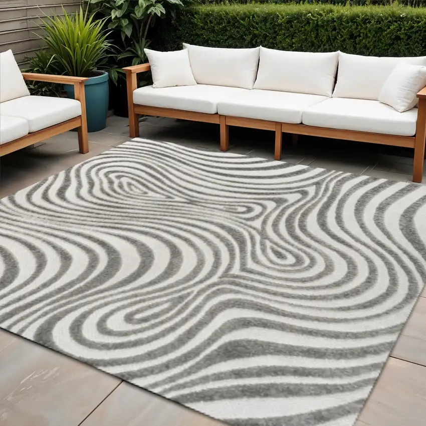 9' Gray And Ivory Square Abstract Indoor Outdoor Area Rug Photo 1