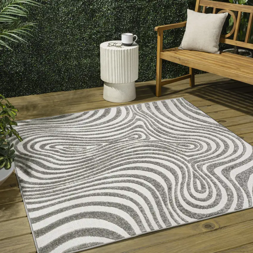 9' Gray And Ivory Square Abstract Indoor Outdoor Area Rug Photo 5