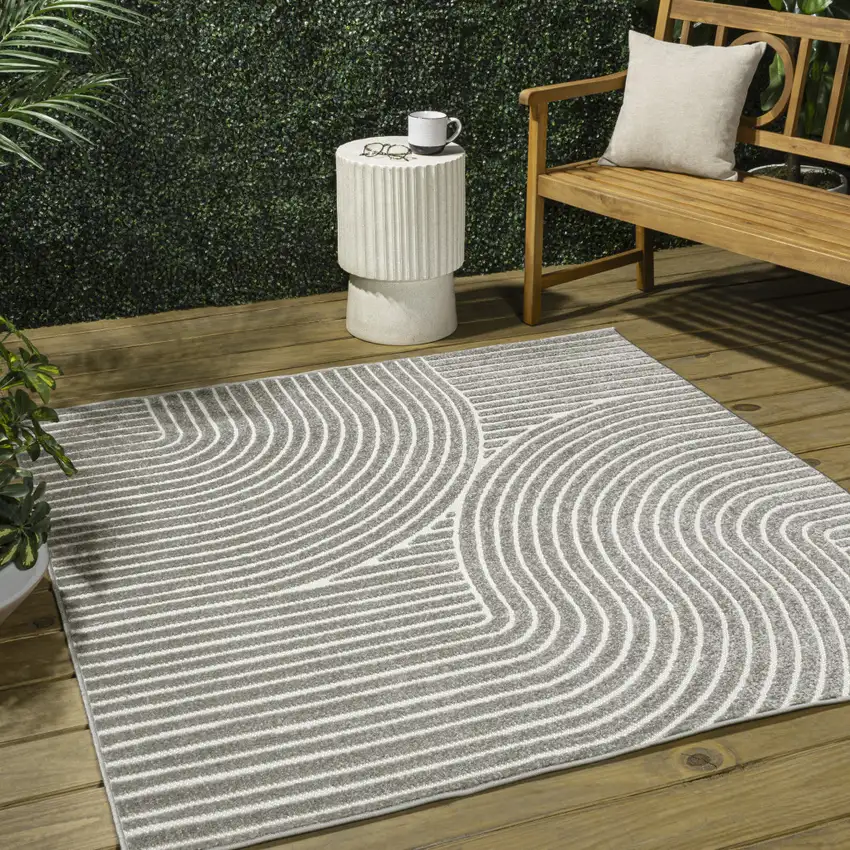 5' Gray And Ivory Square Striped Indoor Outdoor Area Rug Photo 5