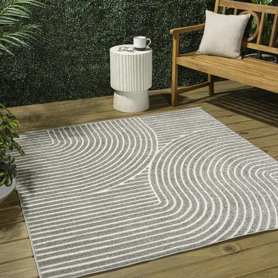 6' Gray And Ivory Square Striped Indoor Outdoor Area Rug Photo 5