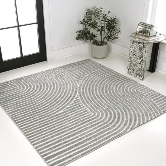 7' Gray And Ivory Square Striped Indoor Outdoor Area Rug Photo 4
