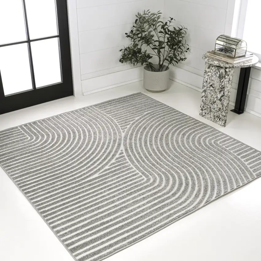 7' Gray And Ivory Square Striped Indoor Outdoor Area Rug Photo 4
