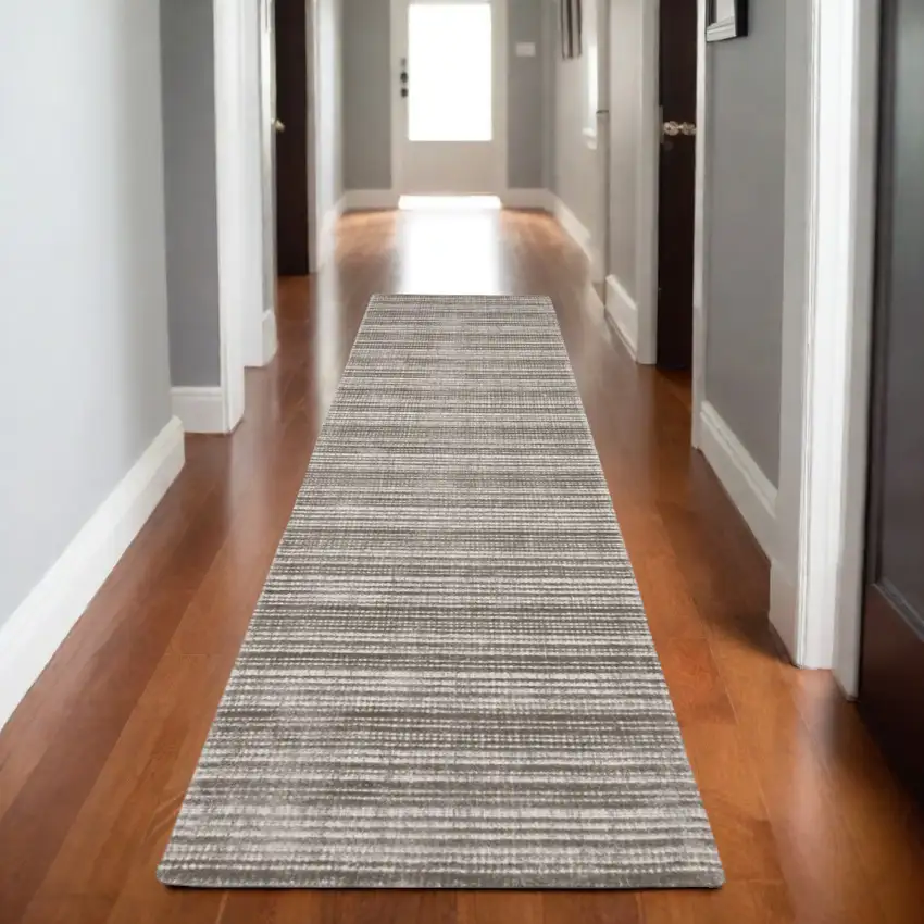 8' Gray And Ivory Striped Hand Tufted Runner Rug Photo 1