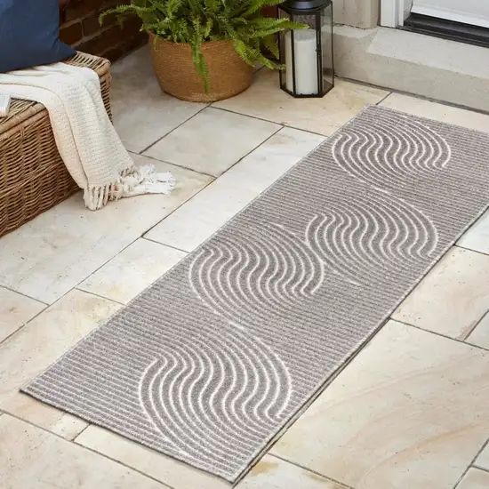 10' Gray And Ivory Striped Indoor Outdoor Runner Rug Photo 5