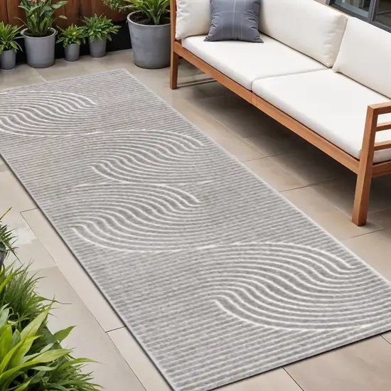 10' Gray And Ivory Striped Indoor Outdoor Runner Rug Photo 1