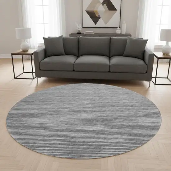 8' Gray And Ivory Striped Washable Round Rug With UV Protection Photo 1