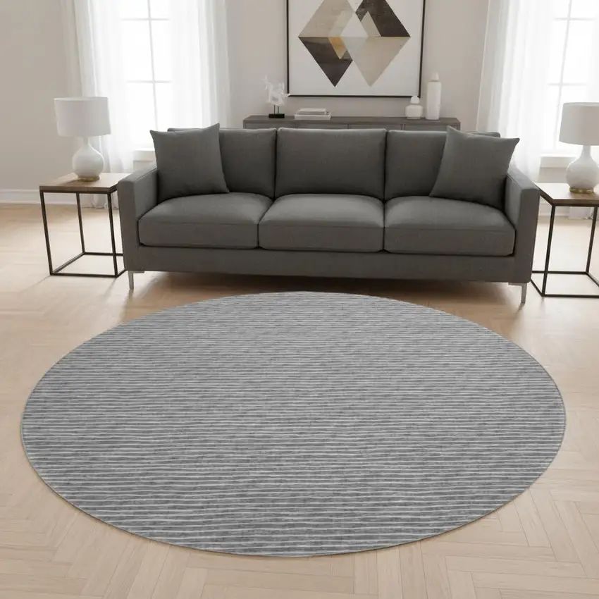 8' Gray And Ivory Striped Washable Round Rug With UV Protection Photo 1