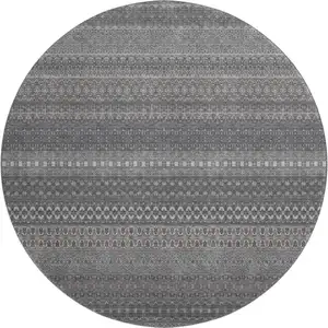Photo of 8' Gray And Ivory Striped Washable Round Rug With UV Protection