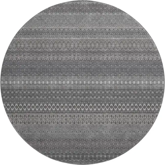 8' Gray And Ivory Striped Washable Round Rug With UV Protection Photo 1