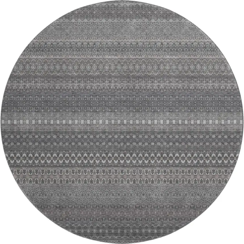 8' Gray And Ivory Striped Washable Round Rug With UV Protection Photo 1