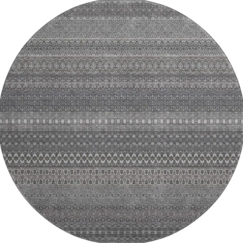 8' Gray And Ivory Striped Washable Round Rug With UV Protection Photo 4