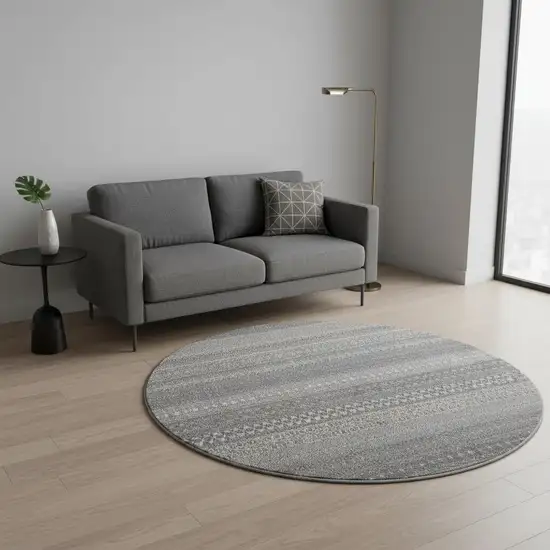 8' Gray And Ivory Striped Washable Round Rug With UV Protection Photo 2