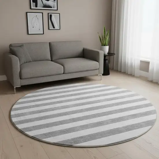 8' Gray And Ivory Striped Washable Round Rug With UV Protection Photo 2