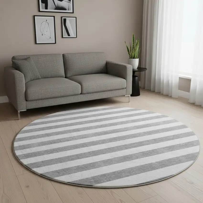 8' Gray And Ivory Striped Washable Round Rug With UV Protection Photo 2