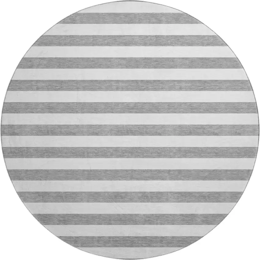 8' Gray And Ivory Striped Washable Round Rug With UV Protection Photo 1
