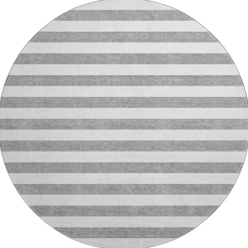 8' Gray And Ivory Striped Washable Round Rug With UV Protection Photo 4