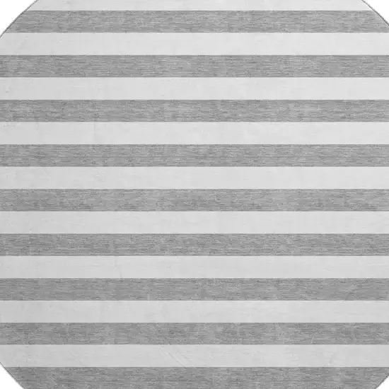 8' Gray And Ivory Striped Washable Round Rug With UV Protection Photo 3