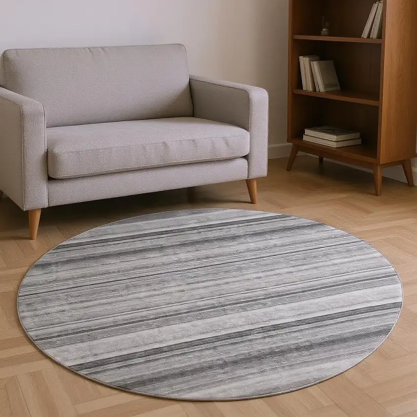 8' Gray And Ivory Striped Washable Round Rug With UV Protection Photo 2