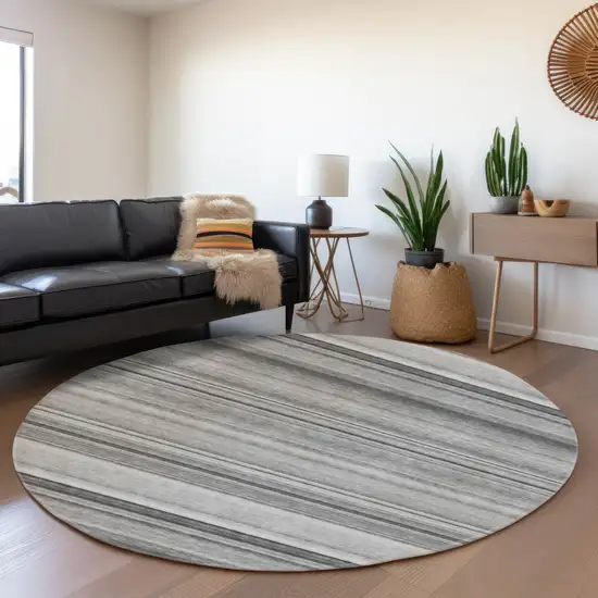 8' Gray And Ivory Striped Washable Round Rug With UV Protection Photo 5