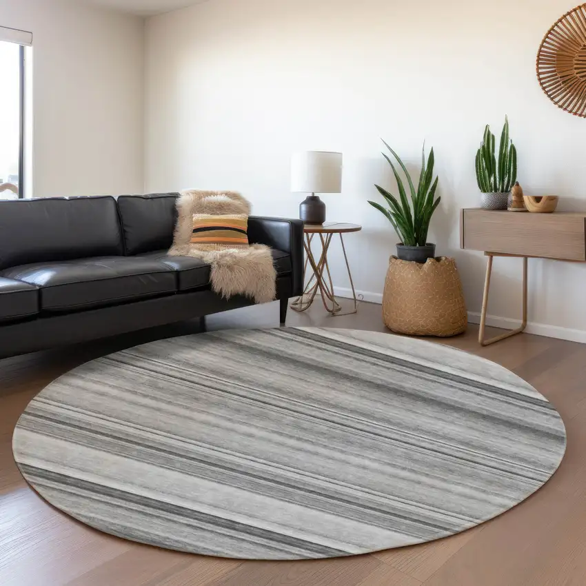 8' Gray And Ivory Striped Washable Round Rug With UV Protection Photo 5