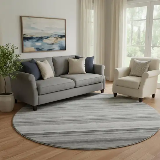 8' Gray And Ivory Striped Washable Round Rug With UV Protection Photo 1
