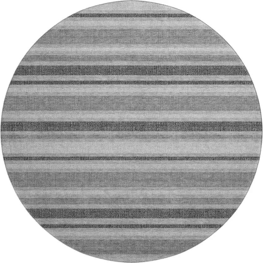 8' Gray And Ivory Striped Washable Round Rug With UV Protection Photo 1