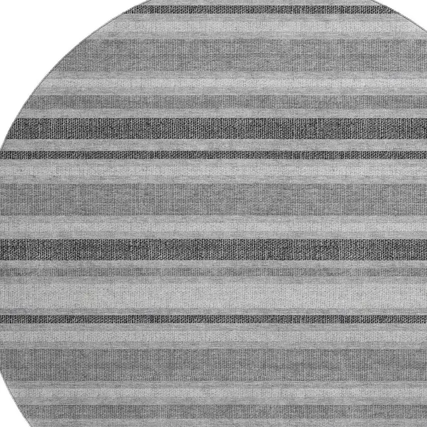 8' Gray And Ivory Striped Washable Round Rug With UV Protection Photo 3