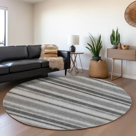 8' Gray And Ivory Striped Washable Round Rug With UV Protection Photo 5