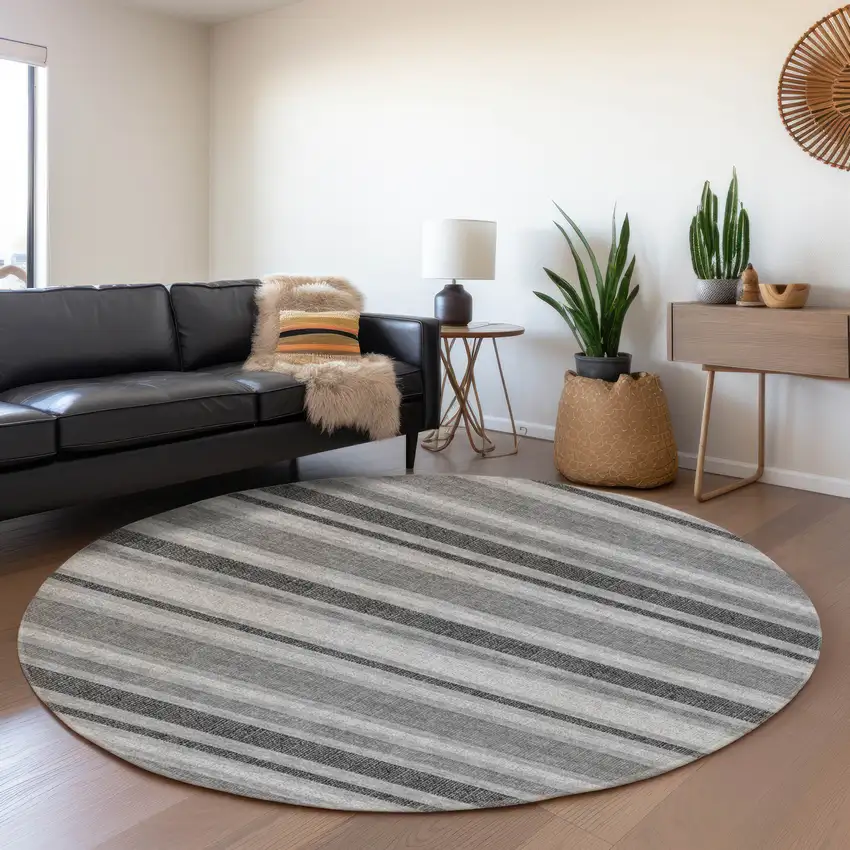 8' Gray And Ivory Striped Washable Round Rug With UV Protection Photo 5