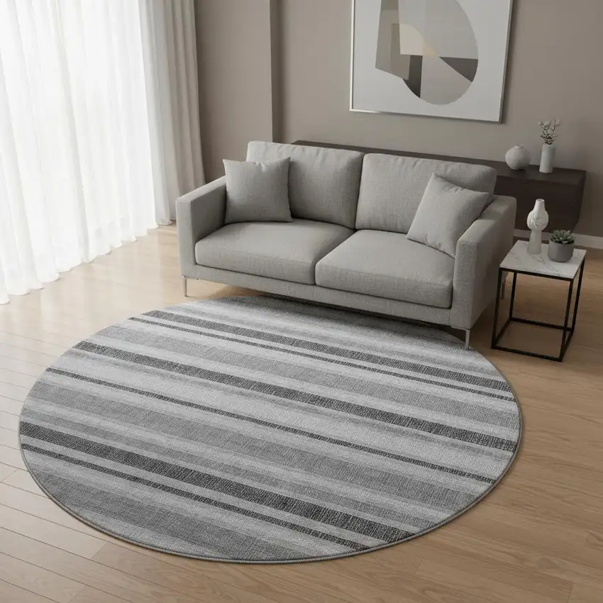 8' Gray And Ivory Striped Washable Round Rug With UV Protection Photo 2