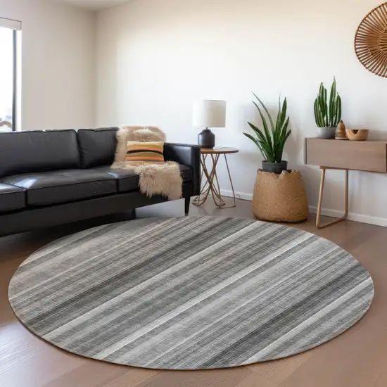 8' Gray And Ivory Striped Washable Round Rug With UV Protection Photo 5