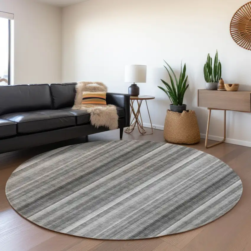 8' Gray And Ivory Striped Washable Round Rug With UV Protection Photo 5