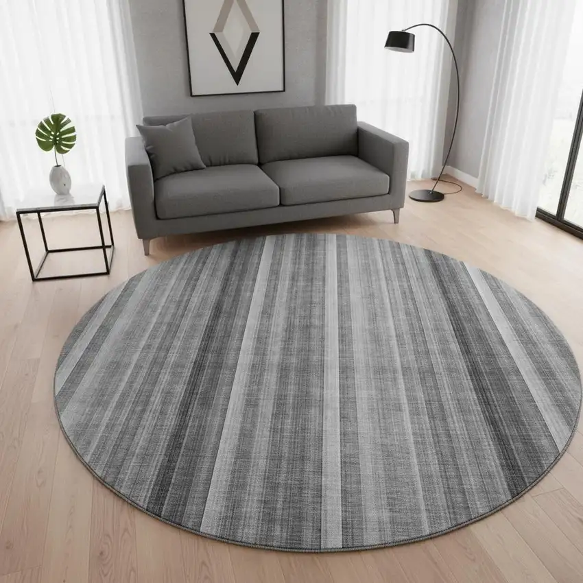 8' Gray And Ivory Striped Washable Round Rug With UV Protection Photo 2