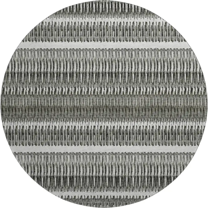 8' Gray And Ivory Striped Washable Round Rug With UV Protection Photo 1
