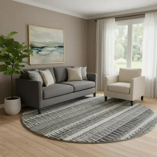 8' Gray And Ivory Striped Washable Round Rug With UV Protection Photo 1