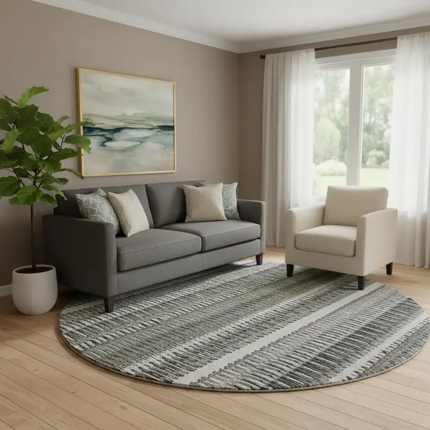 8' Gray And Ivory Striped Washable Round Rug With UV Protection Photo 1