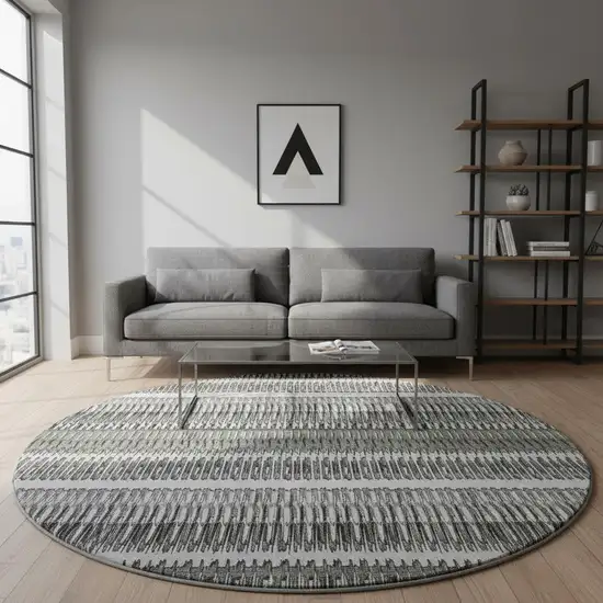 8' Gray And Ivory Striped Washable Round Rug With UV Protection Photo 2