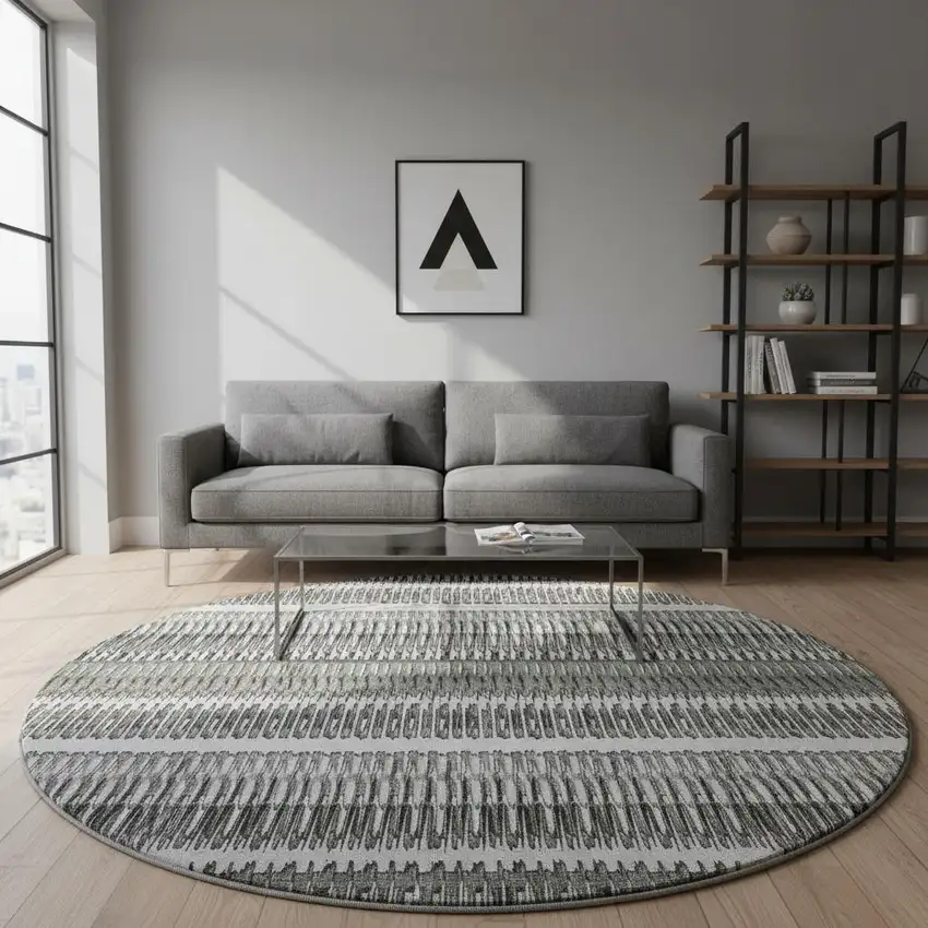 8' Gray And Ivory Striped Washable Round Rug With UV Protection Photo 2