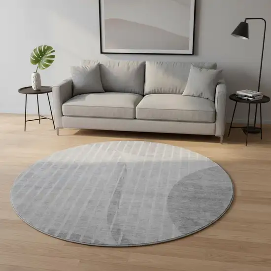 8' Gray And Ivory Striped Washable Round Rug With UV Protection Photo 2