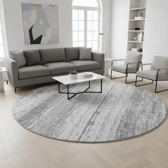 8' Gray And Ivory Striped Washable Round Rug With UV Protection Photo 2