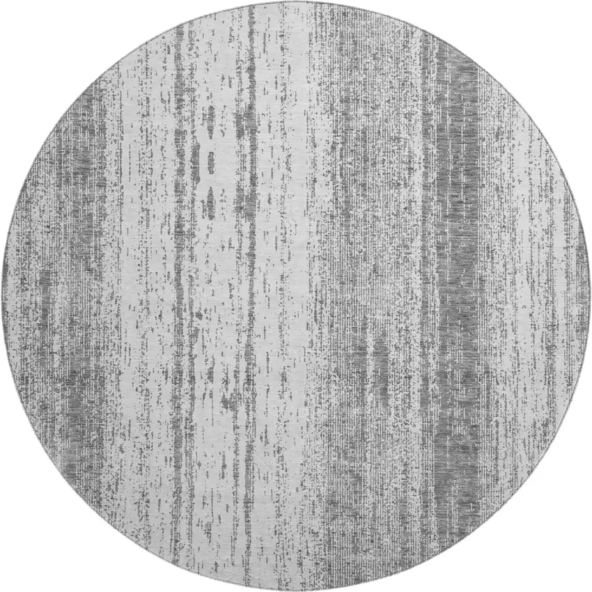 8' Gray And Ivory Striped Washable Round Rug With UV Protection Photo 1
