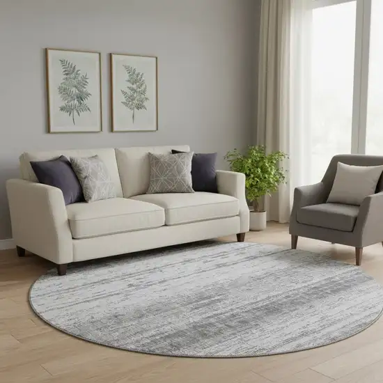 8' Gray And Ivory Striped Washable Round Rug With UV Protection Photo 1