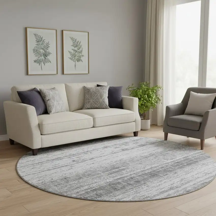 8' Gray And Ivory Striped Washable Round Rug With UV Protection Photo 1