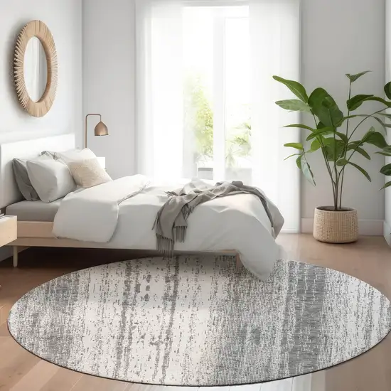 8' Gray And Ivory Striped Washable Round Rug With UV Protection Photo 5