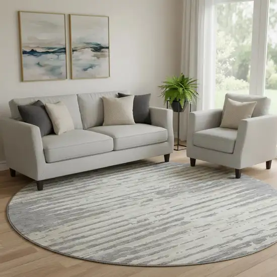 8' Gray And Ivory Striped Washable Round Rug With UV Protection Photo 1