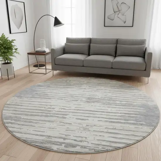 8' Gray And Ivory Striped Washable Round Rug With UV Protection Photo 2