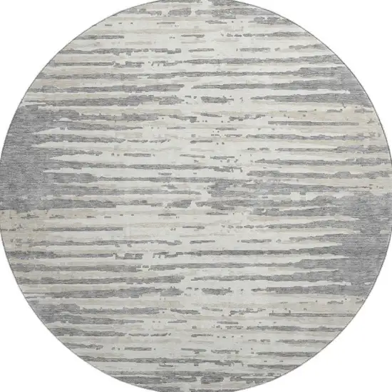 8' Gray And Ivory Striped Washable Round Rug With UV Protection Photo 4