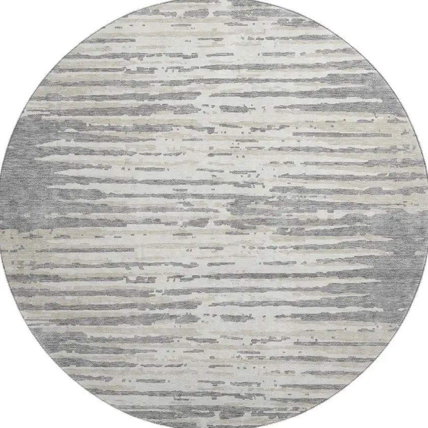 8' Gray And Ivory Striped Washable Round Rug With UV Protection Photo 4