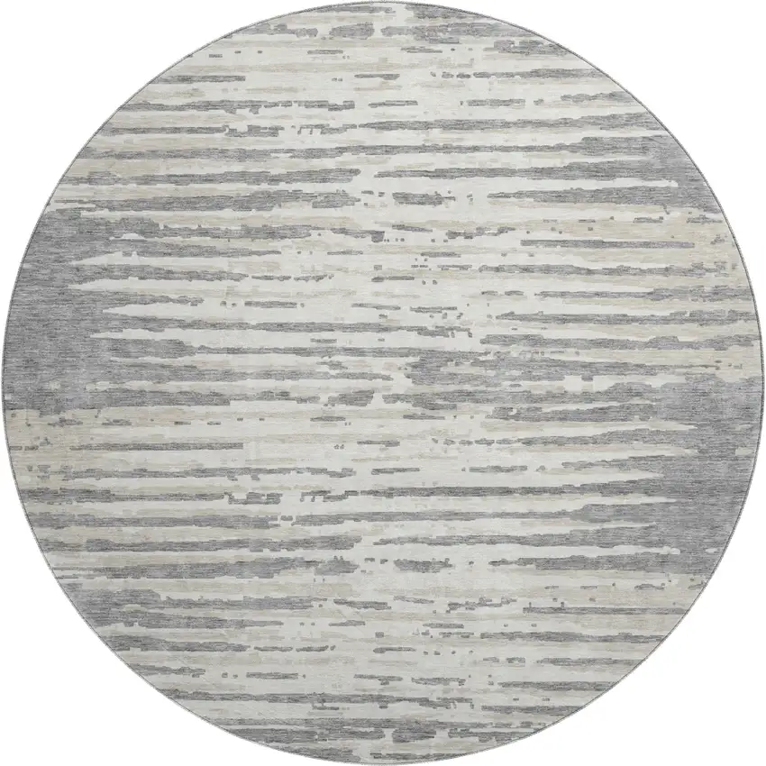 8' Gray And Ivory Striped Washable Round Rug With UV Protection Photo 1