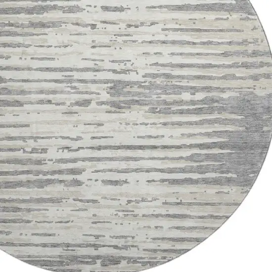 8' Gray And Ivory Striped Washable Round Rug With UV Protection Photo 3